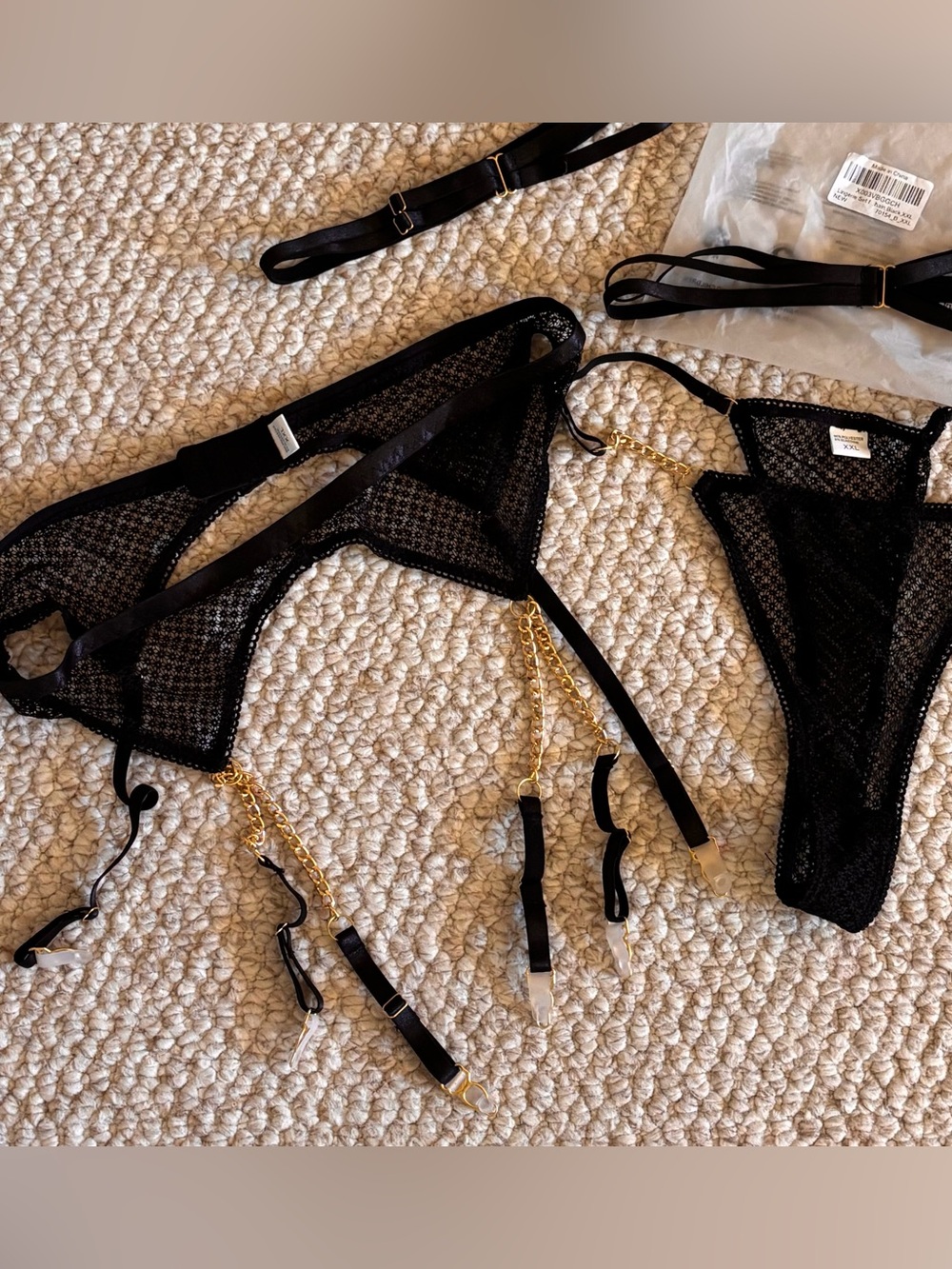 Lingerie Set.  Black Sheer Lace Garter Belt with Gold Chain Accents plus…